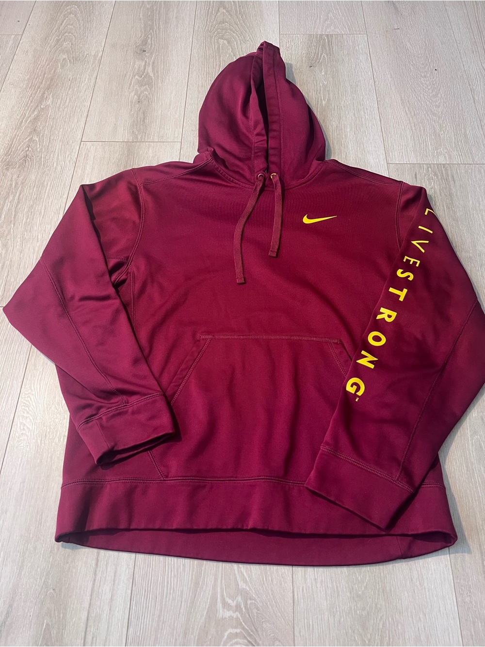 Nike Maroon Hoodie with Yellow Swoosh and Sleeve Text